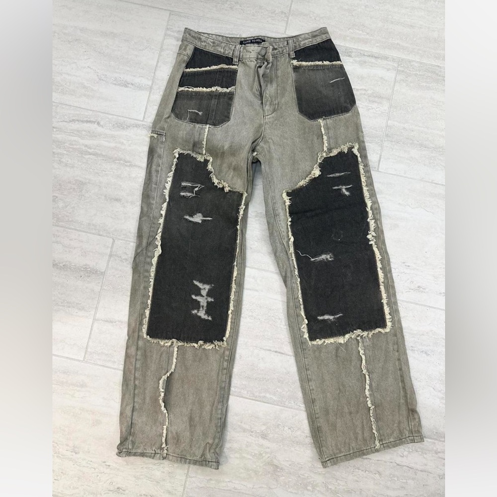 LUXE TO KILL LUXTOKILL Edgy Black and Gray Women's Flare Jeans